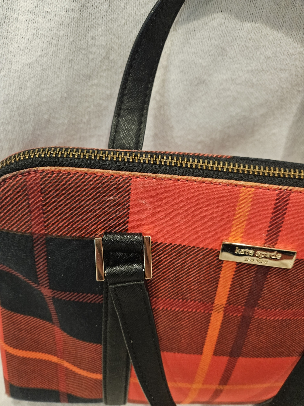kate spade New York Newbury Lane Red Plaid Tote with Black Leather Trim Purse - Picture 5 of 16